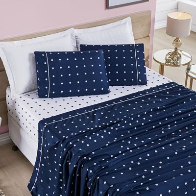 Jogo Cama Lençol Meggy Poá Queen Bolinhas Micropercal 200 Fios 4 Peças - Azul Marinho
