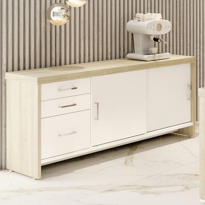 Balcão Multiuso Escritório 2 Portas 3 Gavetas Atria Executiva A02 Carvalho Branco - Lyam Decor