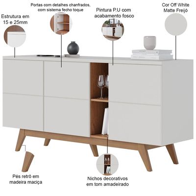 Aparador Buffet Para Sala De Jantar 03 Portas Íris C04 Off Matte Freijó - Lyam