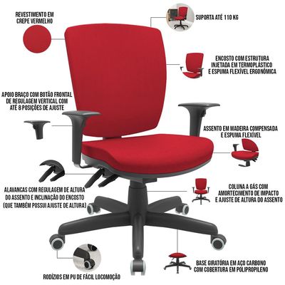 Kit 02 Cadeiras Escritório Diretor Office Giratória Preto Alta Flexi P03 Poliéster Vermelho - Lyam