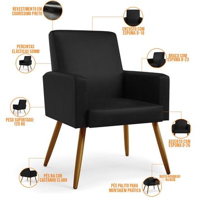 Kit 04 Poltronas Decorativa Para Sala De Estar Maria W01 Pés Palito Couríssimo Preto - Lyam Decor