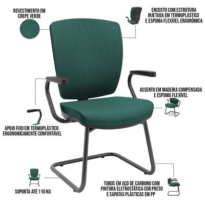 Kit 4 Cadeiras de Escritório Fixa Executiva Office Preto Slim Alta Flexi P03 Poliéster Verde - Lyam