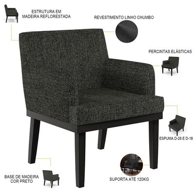 Poltrona Decorativa Para Sala De Estar Base Preto Beatriz W01 Linho Chumbo - Lyam Decor
