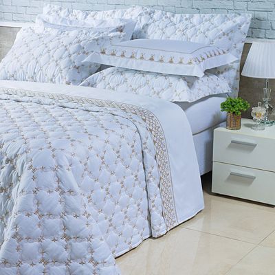 Kit Cobre Leito Colcha Garland Queen 100% Algodão 400 Fios Acetinado Bordado 5 Peças - Branco
