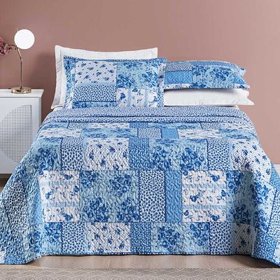 Kit Cobre Leito Colcha Dallas Casal Padrão Dupla Face Estampada 3 Peças - Azul Sereno Patchwork