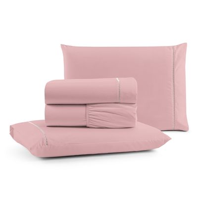 Jogo Cama Lençol Bali Casal Padrão Percal 180 Fios 100% Algodão Ponto Palito 4 Peças - Rosa