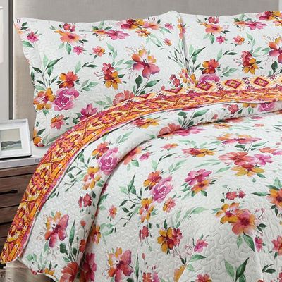 Kit Cobre Leito Colcha Mix Queen Estampado Dupla Face Floral 3 Peças - Lilian - Laranja