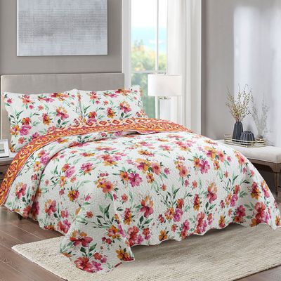Kit Cobre Leito Colcha Mix Queen Estampado Dupla Face Floral 3 Peças - Lilian - Laranja
