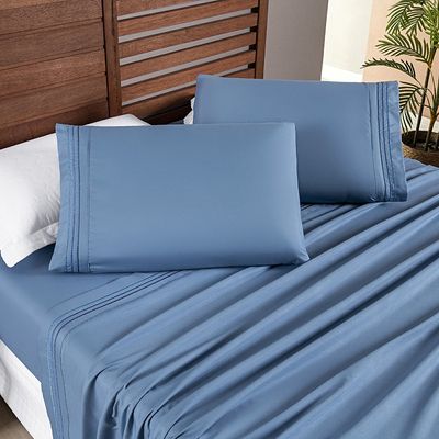 Jogo Cama Lençol Honore King Micro Percal 200 Fios c/ Detalhes Bordados 4 Peças - Azul Ice Blue