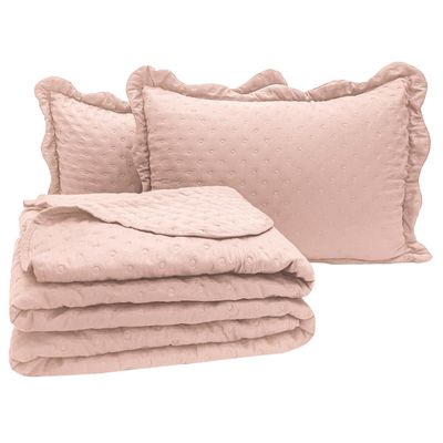 Kit Cobre Leito Colcha Perone Queen Dupla Face Toque de Pluma Micro Percal 300 Fios 3 Peças - Rosê