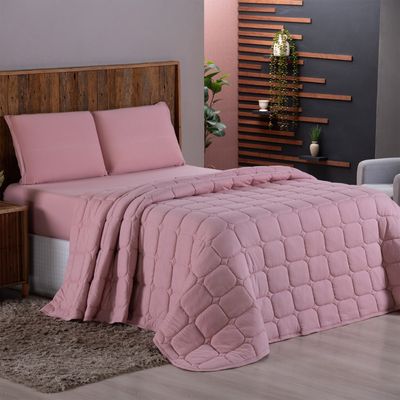 Kit Cobre Leito Colcha Livorno Queen Acolchoado Fofo Macio Malha 100% Algodão 3 Peças - Rosê