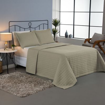 Kit Cobre Leito Colcha Bellini Casal Padrão Dupla Face Percal 300 Fios Textura Matelassê 3 Peças - Cáqui