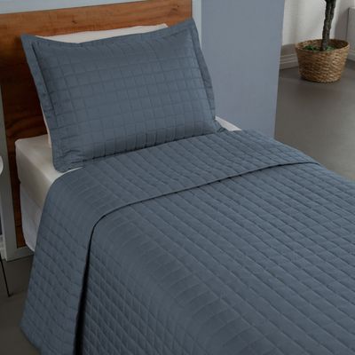 Kit Cobre Leito Colcha Bellini Solteiro Dupla Face Percal 300 Fios Textura Matelassê 2 Peças - Azul