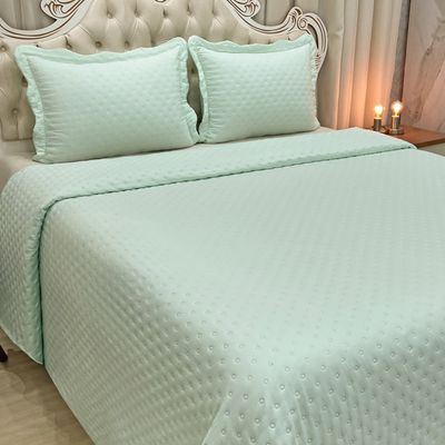 Kit Cobre Leito Colcha Perone Casal Padrão Dupla Face Toque de Pluma Micro Percal 300 Fios 3 Peças - Verde Tifany