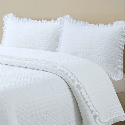 Kit Cobre Leito Colcha Maison Casal Padrão c/ Babado Percal 300 Fios 3 Peças - Branco