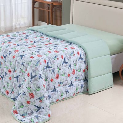 Edredom Cobertor Sonnet King Malha Estampada Dupla Face 100% Algodão - Beija Flor - Verde