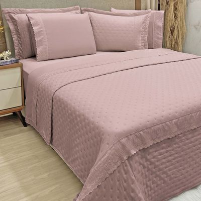 Kit Coordenado Grécia Cobre Leito + Jogo de Cama King Bordado Inglês 300 Fios - 7 Peças - Roxo Malva
