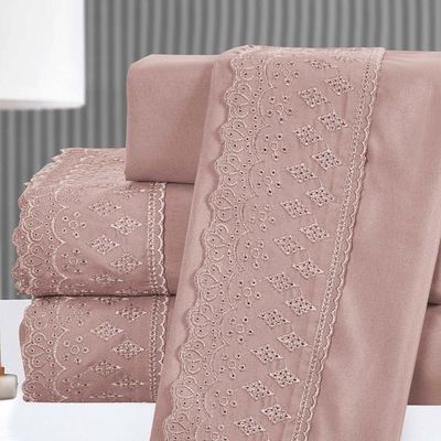 Kit Coordenado Grécia Cobre Leito + Jogo de Cama King Bordado Inglês 300 Fios - 7 Peças - Roxo Malva