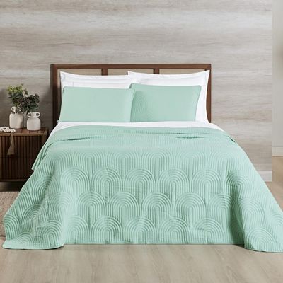 Kit Cobre Leito Colcha Arcos Casal Padrão Dupla Face Matelado 200 Fios 3 Peças Verde