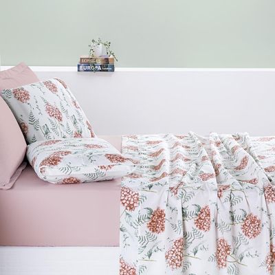 Jogo Cama Lençol Maris Queen Percalle 200 Fios Estampado 4 Peças Hortênsia Salmão