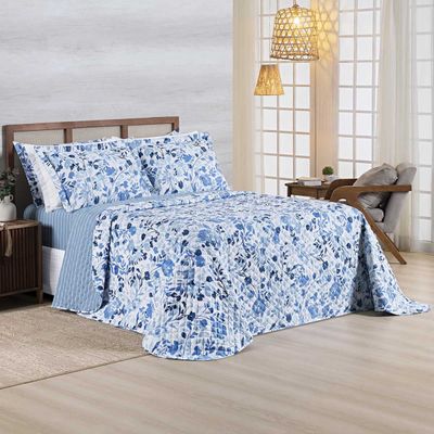 Kit Cobre Leito Colcha Belle King Estampado Dupla Face 400 Fios 3 Peças Florido Azul