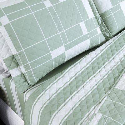 Kit Cobre Leito Colcha Belle Queen Estampado Dupla Face 400 Fios 3 Peças Quadriculado Verde
