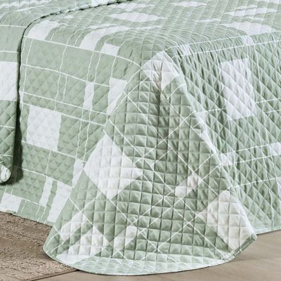 Kit Cobre Leito Colcha Belle Queen Estampado Dupla Face 400 Fios 3 Peças Quadriculado Verde