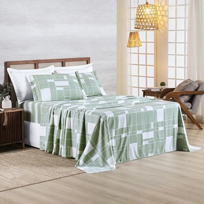 Jogo Cama Lençol Belle Queen 400 Fios Estampado 4 Peças Quadriculado Verde