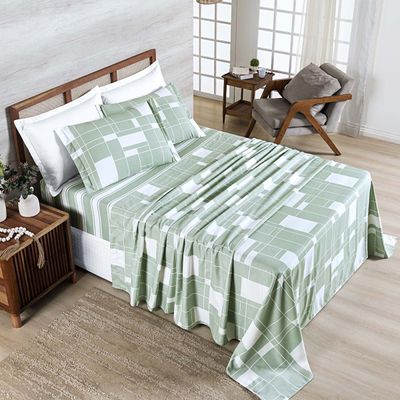 Jogo Cama Lençol Belle Queen 400 Fios Estampado 4 Peças Quadriculado Verde