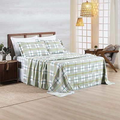 Jogo Cama Lençol Belle Queen 400 Fios Estampado 4 Peças Grid Verde