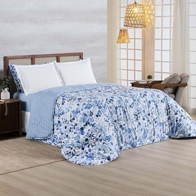 Edredom Cobertor Belle King 400 Fios Dupla Face Estampado Florido Azul
