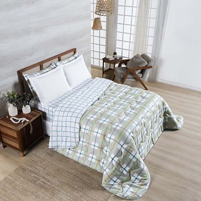 Edredom Cobertor Belle Queen 400 Fios Dupla Face Estampado Grid Xadrez Verde