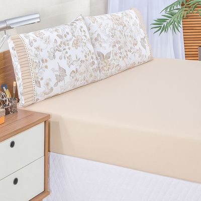 Jogo Cama Lençol Fiore Queen Estampado 180 Fios 100% Algodão com Babadinho 3 Peças Bege Floral