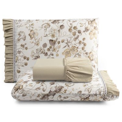 Jogo Cama Lençol Fiore Queen Estampado 180 Fios 100% Algodão com Babadinho 3 Peças Bege Floral