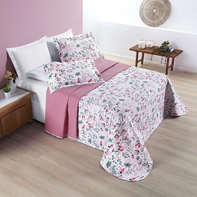 Kit Cobre Leito Colcha Celi Queen Dupla Face Micropercal 200 Fios 3 Peças Bothanica Floral Rosa