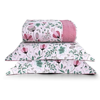 Kit Cobre Leito Colcha Celi Casal Padrão Dupla Face Micropercal 200 Fios 3 Peças Bothanica Floral Rosa