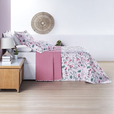 Kit Cobre Leito Colcha Celi Casal Padrão Dupla Face Micropercal 200 Fios 3 Peças Bothanica Floral Rosa