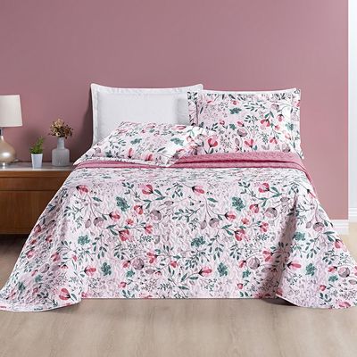 Kit Cobre Leito Colcha Celi Queen Dupla Face Micropercal 200 Fios 3 Peças Bothanica Floral Rosa