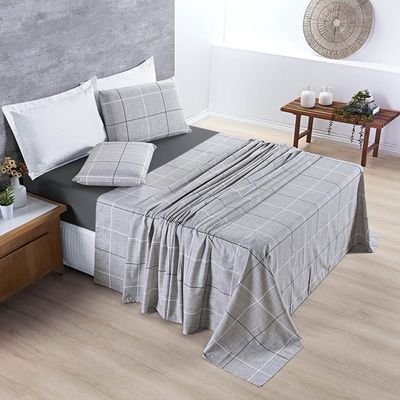 Jogo Cama Lençol Celi Casal Padrão Estampado Micropercal 200 Fios 4 Peças Xadrez Grid Cinza