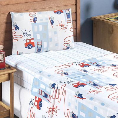Jogo Cama Lençol Fantasy Solteiro Cama Quarto Infantil Microfibra 3 Peças Bombeiro Branco