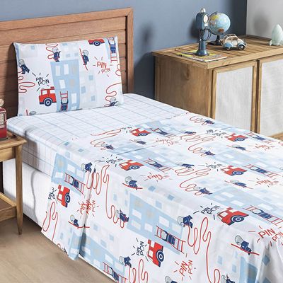 Jogo Cama Lençol Fantasy Solteiro Cama Quarto Infantil Microfibra 3 Peças Bombeiro Branco
