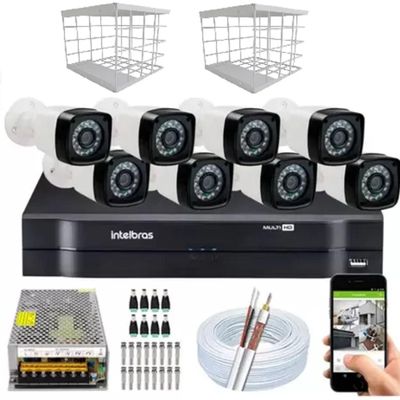 Kit 8 Câmeras + DVR Intelbras + Câmeras HD 720p 20m Infravermelho + Fonte, Cabos e Acessórios