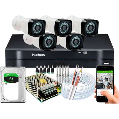 Kit Cftv 5 Câmeras HD Dvr Intelbras Mhdx Full Hd c/hd