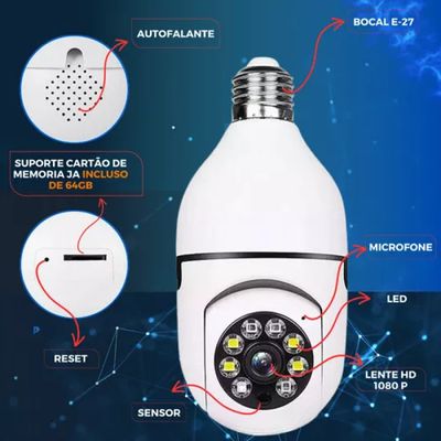 Kit 2 Camera Lampada Segurança Wifi + Cartão De Memória 64gb