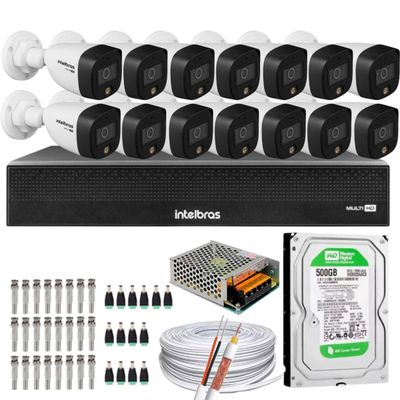 Kit 14 Cameras 1220 Full Color Intelbras Dvr Mhdx 16 Ch Color Noite  C/HD 500GB