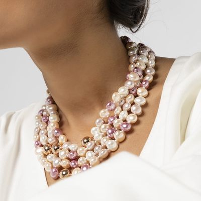 Colar com Pérolas  Ovais Doris 1cm em Quatro Tons banhado em ouro rosé