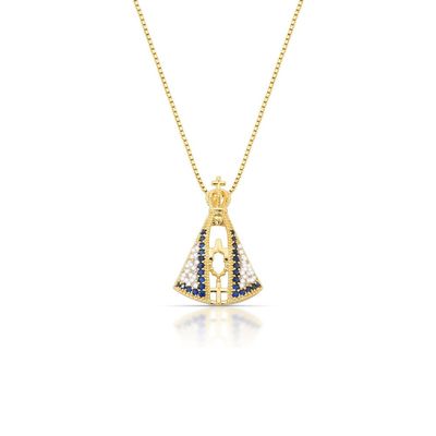 Colar Nossa Senhora Aparecida Manto Branco zirconias banhado ouro