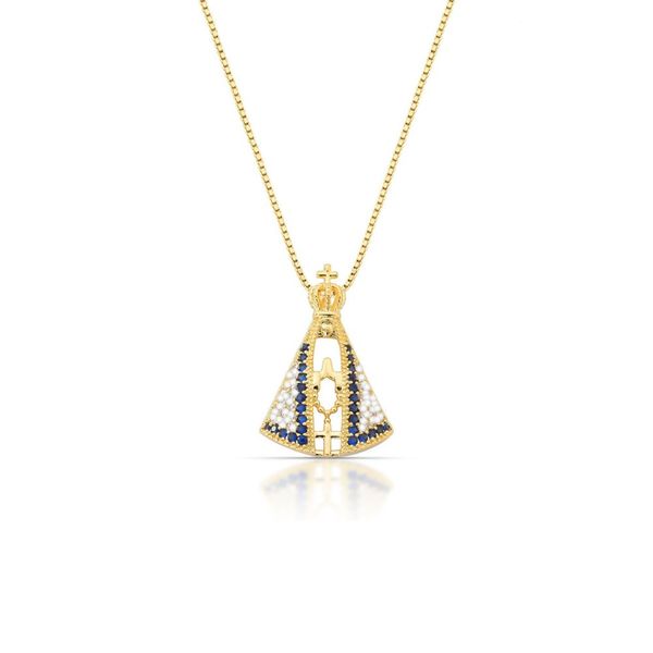 Colar Nossa Senhora Aparecida Manto Branco zirconias banhado ouro