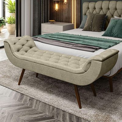 Recamier Puff Estofado Queen 160 Cm Drusa Veludo Bege