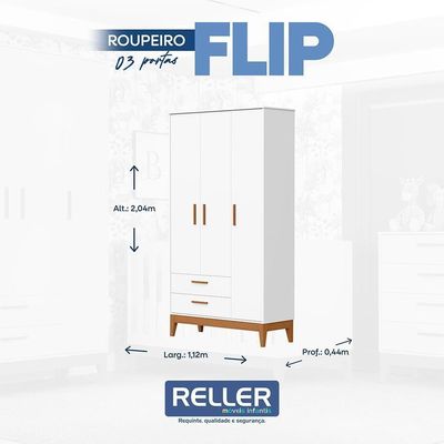 Jogo De Quarto Infantil Flip Guarda Roupa 3 Portas E Cômoda 1 Porta Branco Fosco - Reller Móveis Branco Fosco